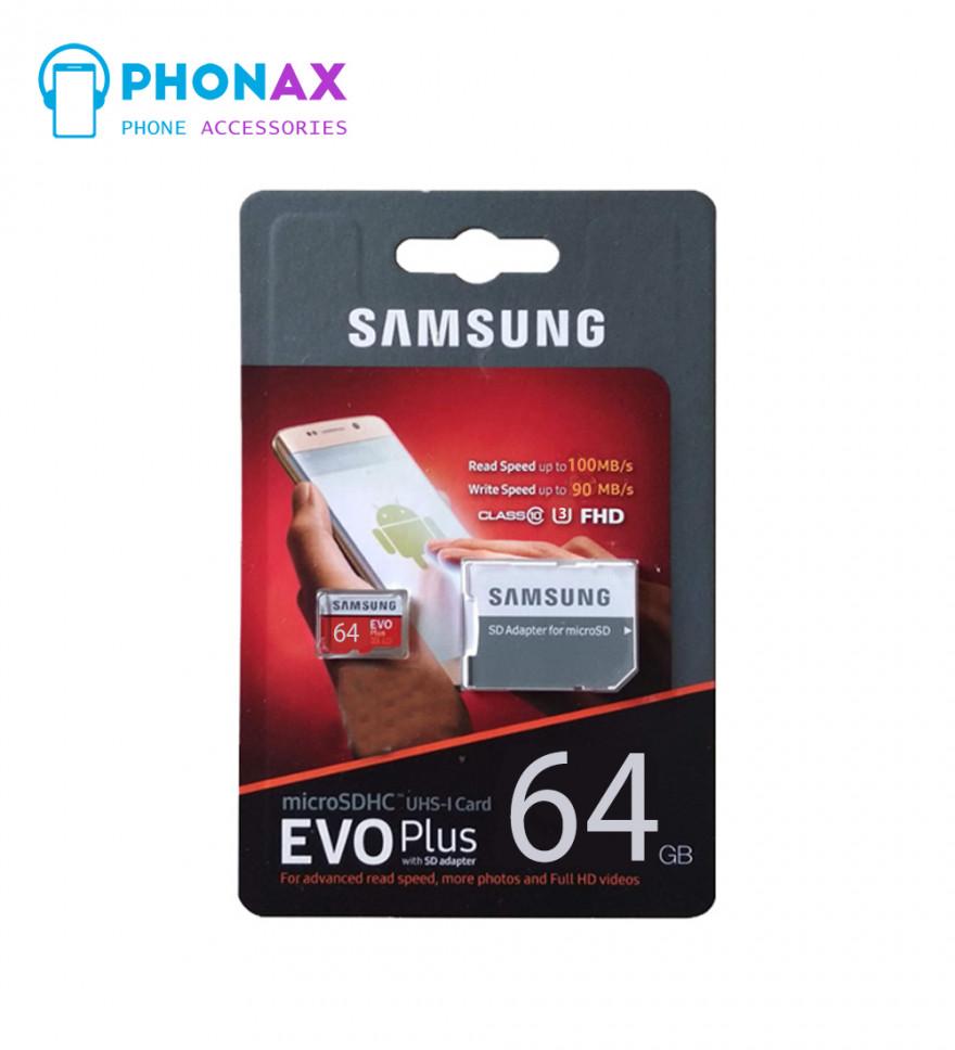 تصویرکارت حافظه microSDXC سامسونگ مدل Evo Plus کلاس 10 استاندارد UHS-I U3 سرعت 100MBps همراه با آداپتور SD ظرفیت 64 گیگابایت با گارانتی مادام العمر