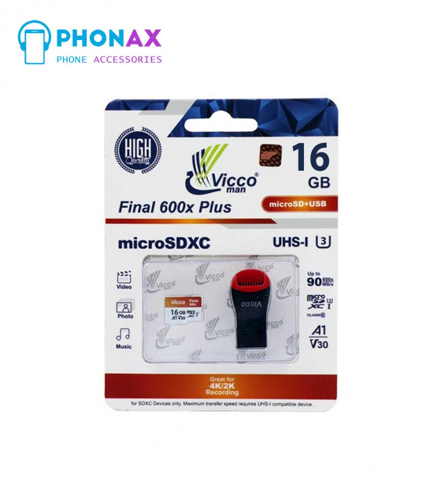 تصویررم میکرو اس دی Vicco Man حافظه 16 گیگابایت Final 600x Plus A1 V30 U3 C10 90MB/s + همراه با رم ریدر با گارانتی مادام العمر
